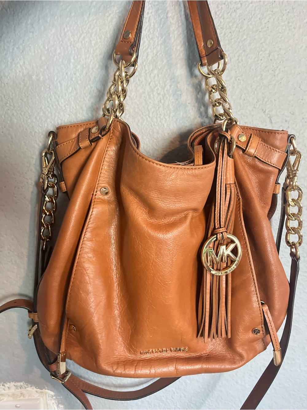 Michael Kors Tan Leather Shoulder Bag with Gold Hardware and Tassel